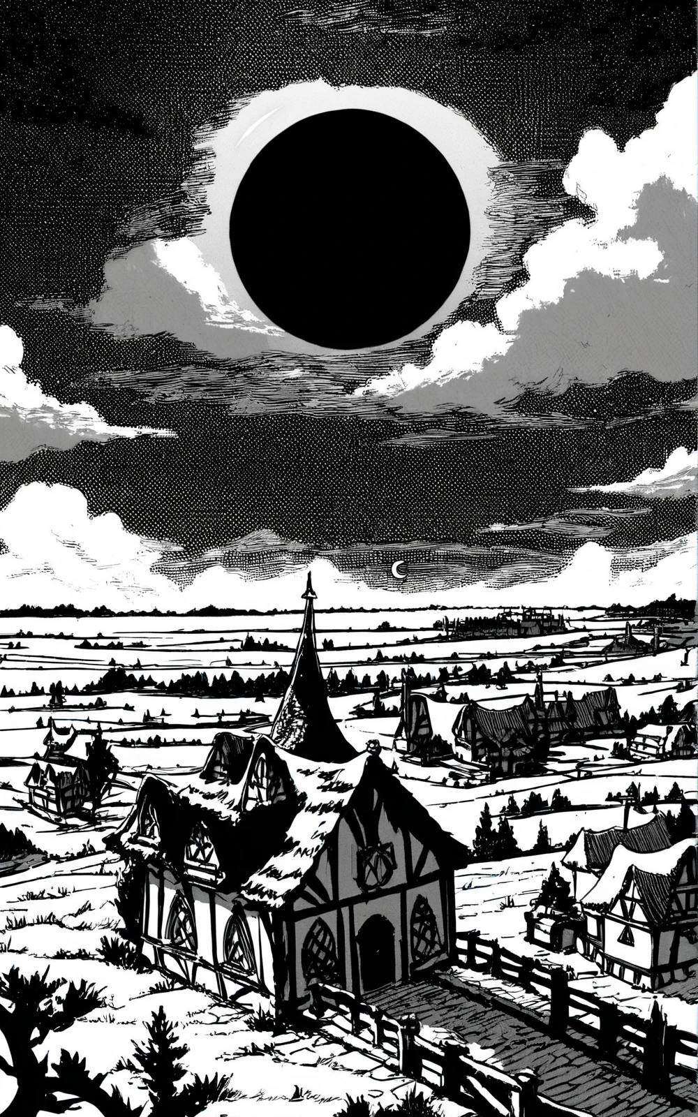 score_9, score_8_up, score_7_up,((best quality)), absurdres, <lora:BerserkStyle:0.8>,greyscale, monochrome,landscape, clouds, medieval town, black sky,((black moon, eclipse))