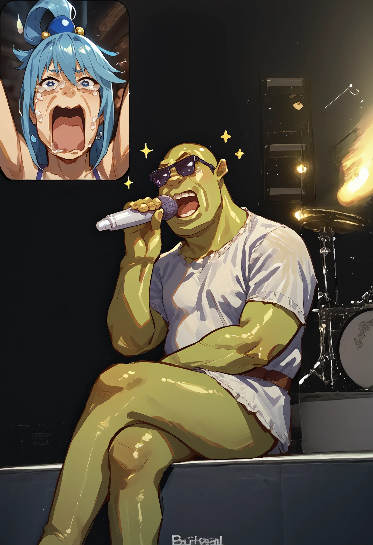 score_9, score_8_up, score_7_up, source_anime, FanScreamingMeme, open mouth, sitting, music, crossed legs, holding microphone, singing, <lora:FanScreamingAtMadisonBeer_XLPD:0.5>, screen, phone,
BREAK <lora:concept_aquascreaming_ponyXL:1> aquascreaming, screaming, open mouth, crying with eyes open, aqua \(konosuba\),
BREAK <lora:Shrek_XLPD:0.8> shrek, green skin, bald, 1boy, male focus, sparkle, <lora:DealWithIt_XLPD:1> IncrsXLDealWithIt, sunglasses