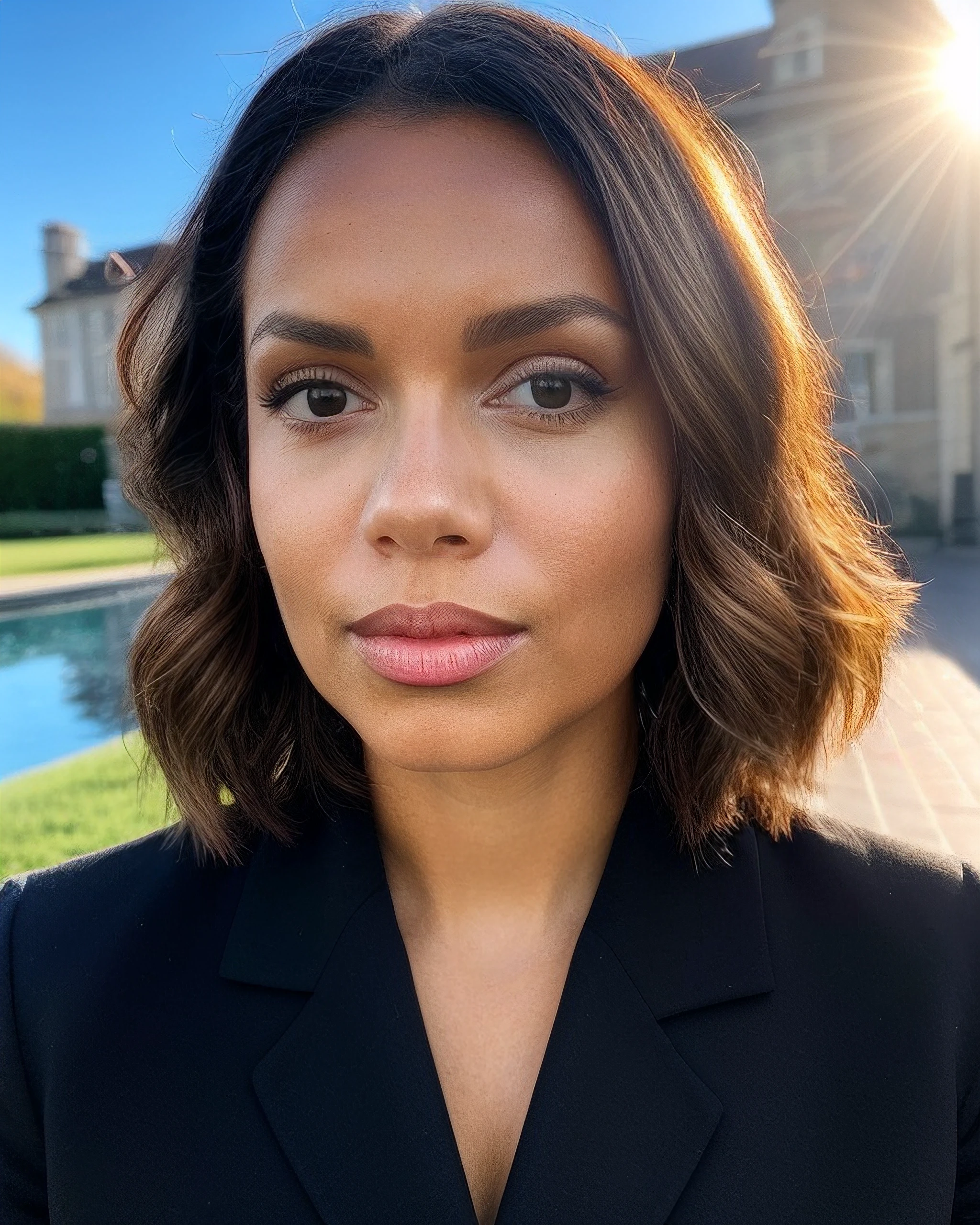 photo of galicecampbell, shiny hair, makeup, jewelry, elegant, portrait, antique, formal 16mm, color graded portra 400 film, remarkable color, remarkable detailed pupils, collared shirt, sunlight, depth of field, glare, backlighting, shadows