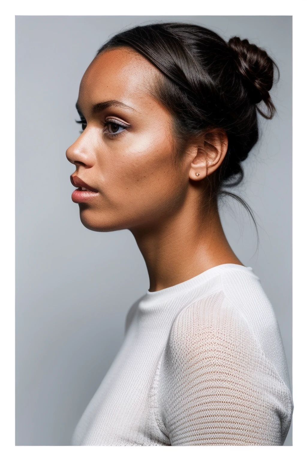 galicecampbell, side view , elegant 1girl with black hair tied in a high bun, forehead, wearing a white tturtleneck , grey background, grainy film filter, minimalistic, HD,bold lines,poster, intricate,artstation,Conrad Roset,chiaroscuro inspired image