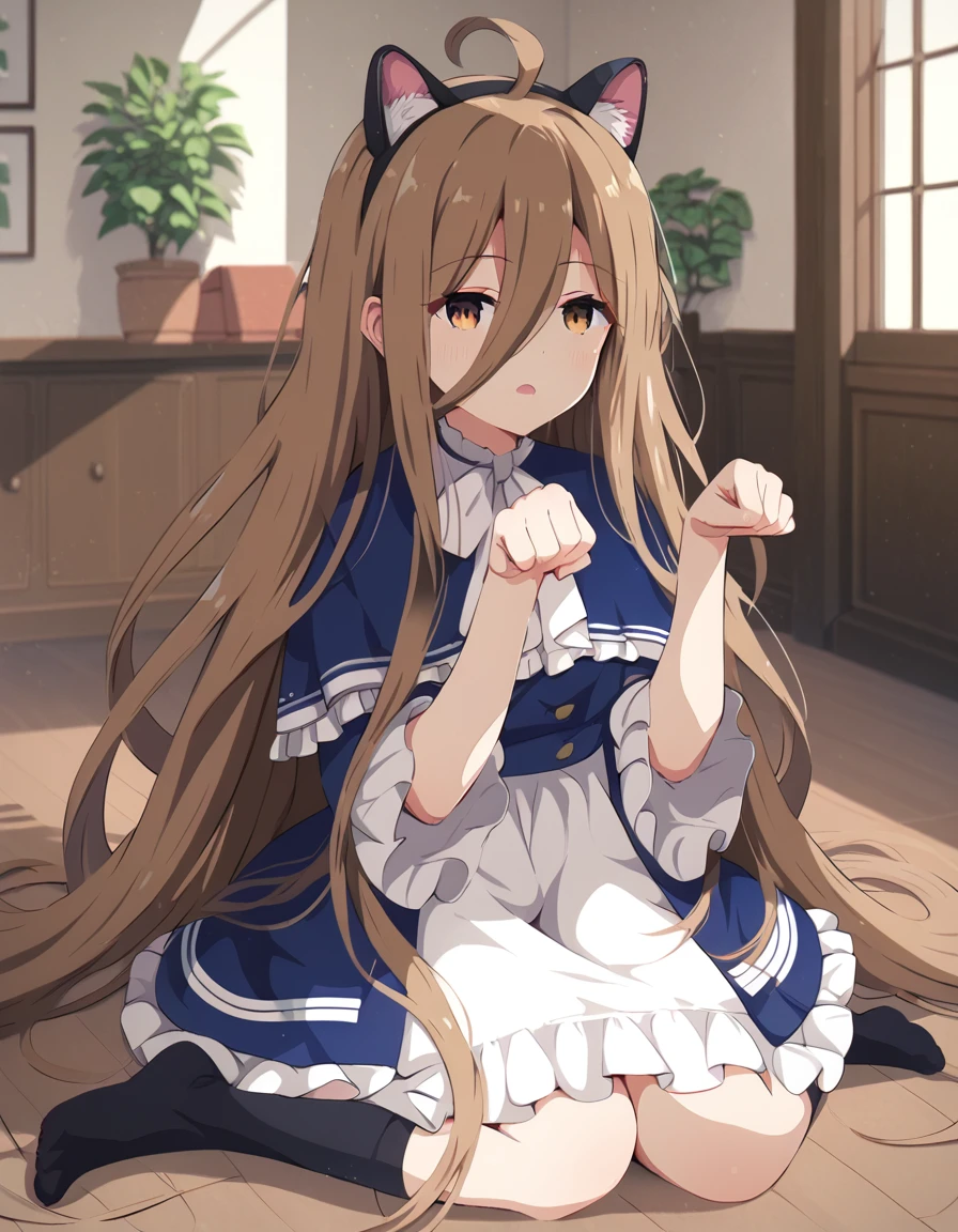 asoustyle, score_9, score_8_up, score_7_up,score_6_up, rating_questionable,a girl sitting on the floor, indoors, paw pose, open mouth, fake cat ears
<lora:asou_style_pony6_v2_65032:1> <lora:sense_sousou no frieren_PONY_last:0.6> sense \(sousou no frieren\),brown eyes,very long hair,absurdly long hair,hair between eyes,eyes visible through hair, blue capelet,frilled dress,white long dress