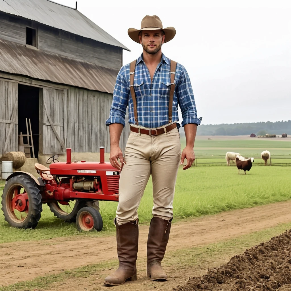 concept art full body photo of a man, high-resolution, wearing a country outfit, at a farm, looking at viewer,  <lora:Nick_Bosa_SDXL_Amalga_r2:1> . digital artwork, illustrative, painterly, matte painting, highly detailed