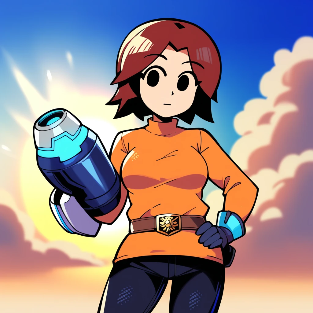 score_9, score_8_up, score_7_up, score_6_up, best quality, masterpiece, source_anime, detailed background, blue background, clouds, sun, sun rays, BREAK 1girl, mii_gunner_(\smash_bros_4\), large head, amber hair, female, black eyes, dot eyes, orange dress, long sleeves, black pants, belt, gloves, arm cannon, one hand on hip, cowboy shot, looking at viewer <lora:PDXL_MiiGunner_S4:1>