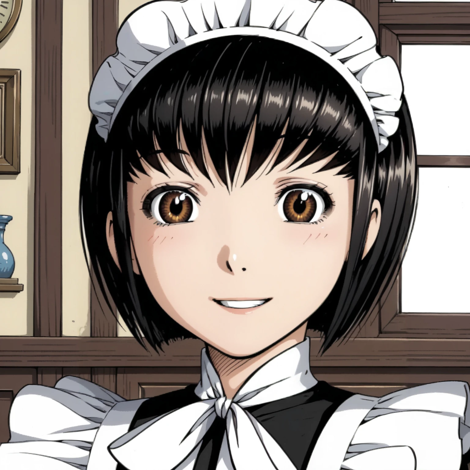 <lora:ShirleyMXLpony001>,
close-up,
smile,
solo,
ShirleyM,1girl,black hair,bob cut,brown eyes,
maid,