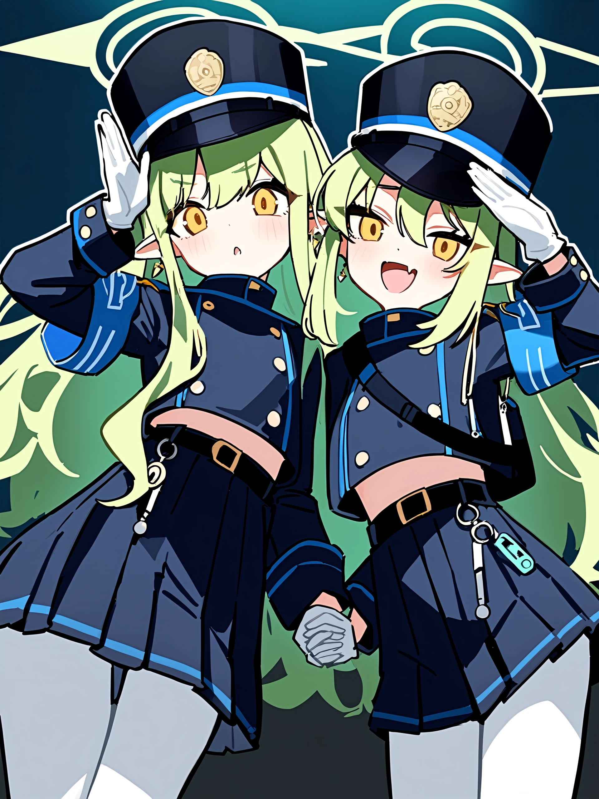 2girls, hikari \(blue archive\), nozomi \(blue archive\), blue archive,
armband, bag, blue armband, blue shirt, blue skirt, cowboy shot, earrings, fang, gloves, green halo, hair between eyes, hand up, hat, holding hands, jewelry, kainekodash, looking at viewer, open mouth, pantyhose, peaked cap, pleated skirt, shirt, shoulder bag, sidelocks, skin fang, skirt, smile, white gloves, white pantyhose, newest, general, good, absurdres, commentary request, highres
masterpiece,best quality,  newest, absurdres, safe <lora:ag31_twin_fp8-000036:1>