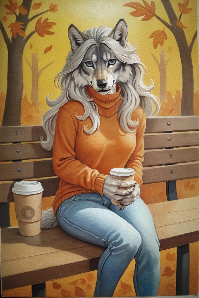 masterpiece, best quality, hi res, newest, traditional media, realistic, furry, werewolf, grey fur, long hair, white hair, blue eyes, orange sweater, long sleeves, blue jeans, holding cup, coffee cup, disposable cup, 1girl, solo, looking at viewer, cowboy shot, sitting, on bench, bench, outdoors, forest, autumn, falling leaves <lora:OIS Gold Fish Style LoRA_SeaArt Furry XL 1.0:0.7>