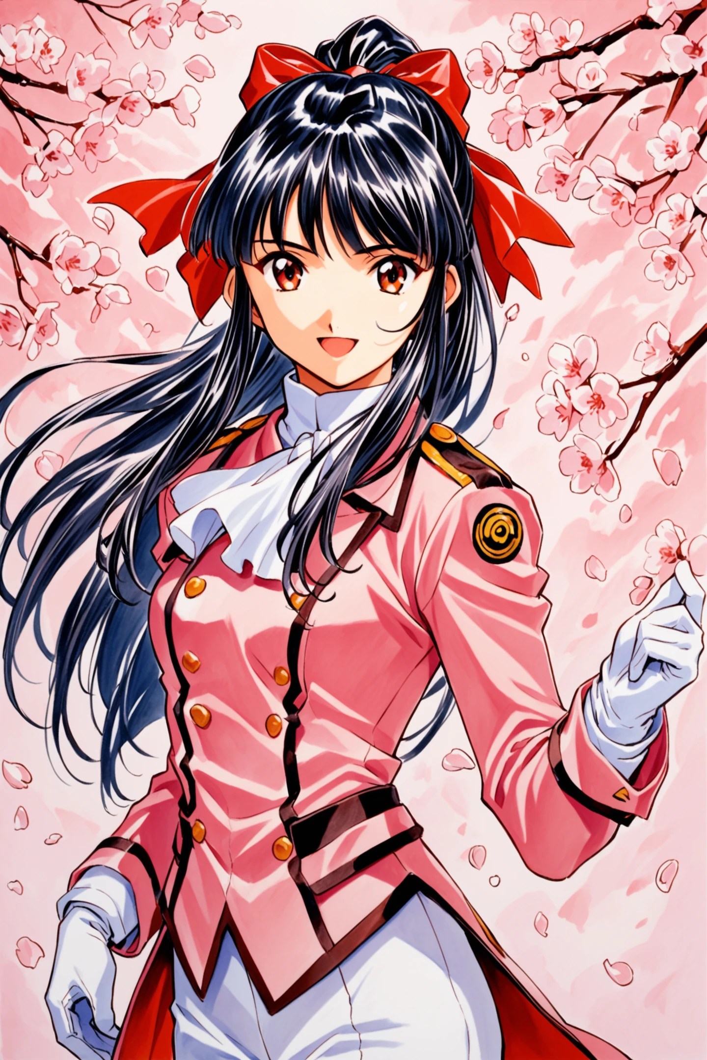 Shinguji Sakura,1girl,solo,cowboy shot,smile,open mouth,looking at viewer,black hair,high ponytail,hair ribbon,red ribbon,red bow,ponytail,white pants,uniform,military uniform,pink jacket,white gloves,white ascot,cherry blossoms,traditional media,gloves,long hair,bow,hair bow,pants,brown eyes,ascot,ribbon,petals,<lora:Sakura Wars_XL:0.8>,