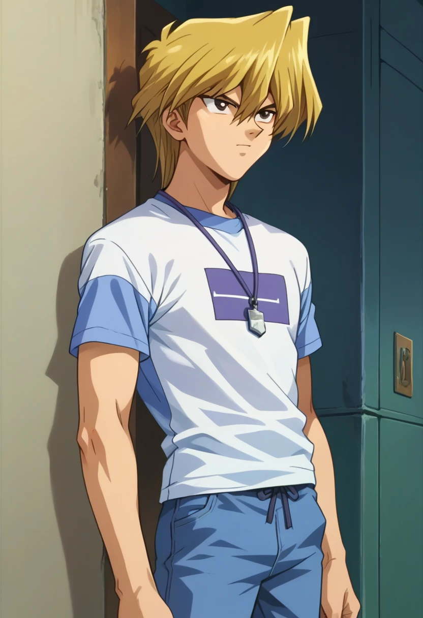 score_9, score_8_up, score_7_up, masterpiece, best quality, amazing quality, best aesthetic, ,absurdres, solo,jounouchi katsuya, blonde hair, brown eyes, white t-shirt, collar, blue pants, black shoes, source_<lora:EMS-366382-EMS:1.000000>