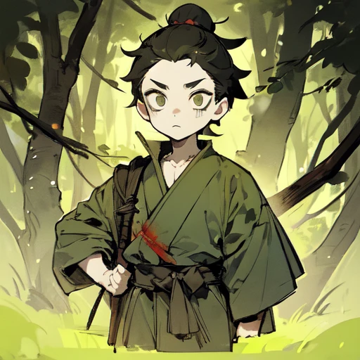 a samurai boy in the green forest, monochrome, sunset, blood, sticker pack