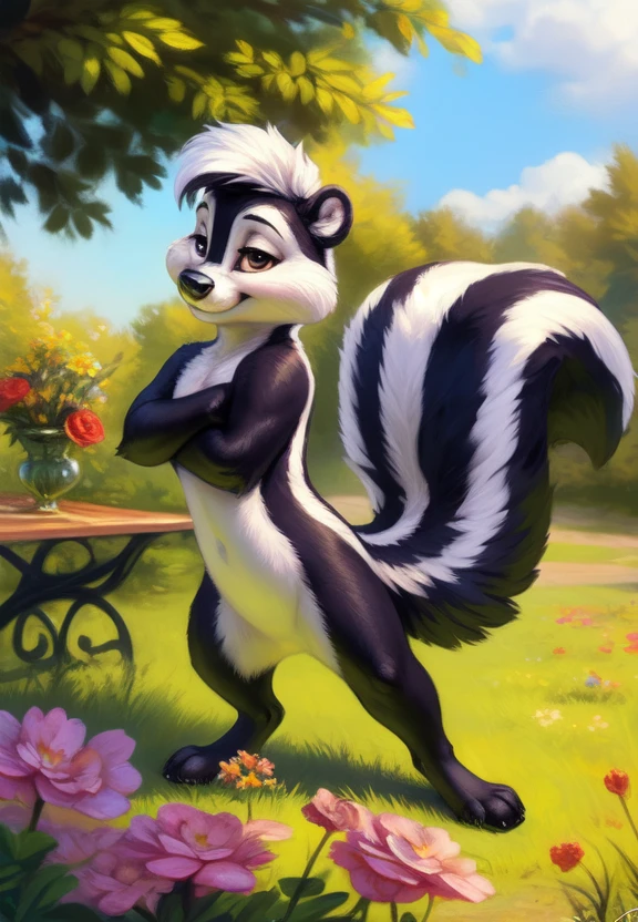 <lora:PepelePewTunesI:1>   PepelePewTunesI, skunk, antro, furry, (fighting stance)
solo,  [park, grass, France, bench, flowers, bushes, clear sunny day, sky with clouds,],  day, (beautiful, aesthetic, perfect, delicate, intricate), masterpiece, nude, naced, 
by ulitochka, by taran fiddler, by Silverfox5213, by personalami,