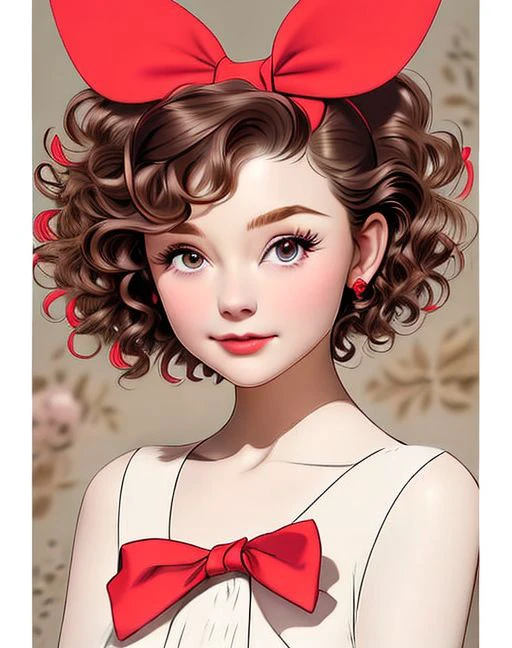 1girl, upper body, hair bow, face focus, curly short hair, red bow, <lora:audery2:0.75>
