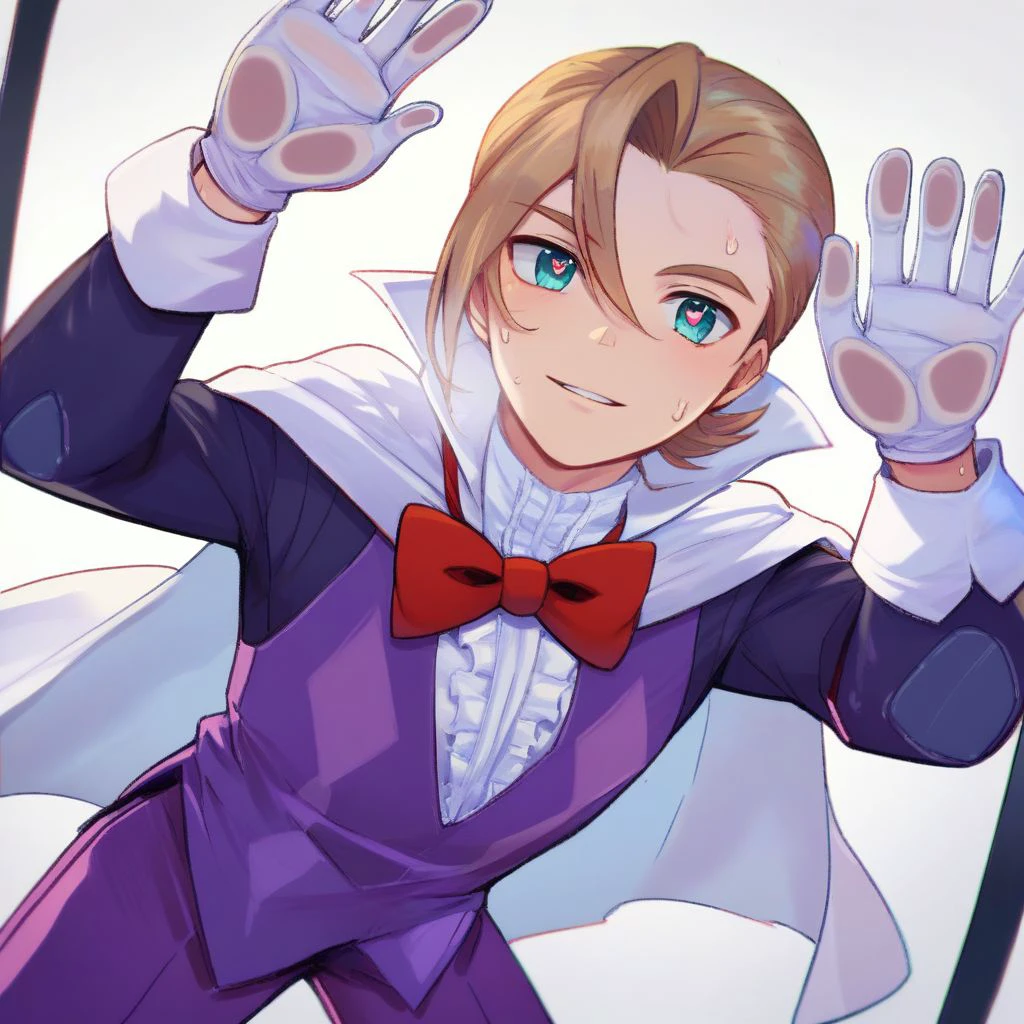 score_9,score_8_up,score_7_up,score_6_up,score_5_up,score_4_up, solo, 1boy, male focus, light brown hair, blue eyes, purple shirt, red bowtie, white cape, purple pants, inner frills, white gloves, looking at viewer, smile, against glass, heart-shaped pupils, parted lips, sweat, breath