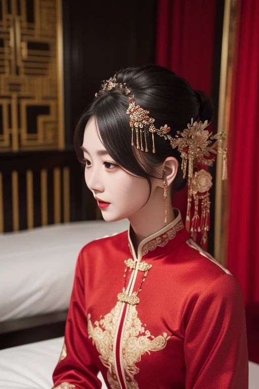 ltra-detailed,highly detailed,best quality,masterpiece,illustration,realistic,photorealistic,
xiuhefu, red theme clothes, 
1girl, solo, 
black hair, hair ornament, 
looking at viewer, upper body, 
east asian architecture, bedroom, 
 <lora:xiuhefu_v1_02:0.7>