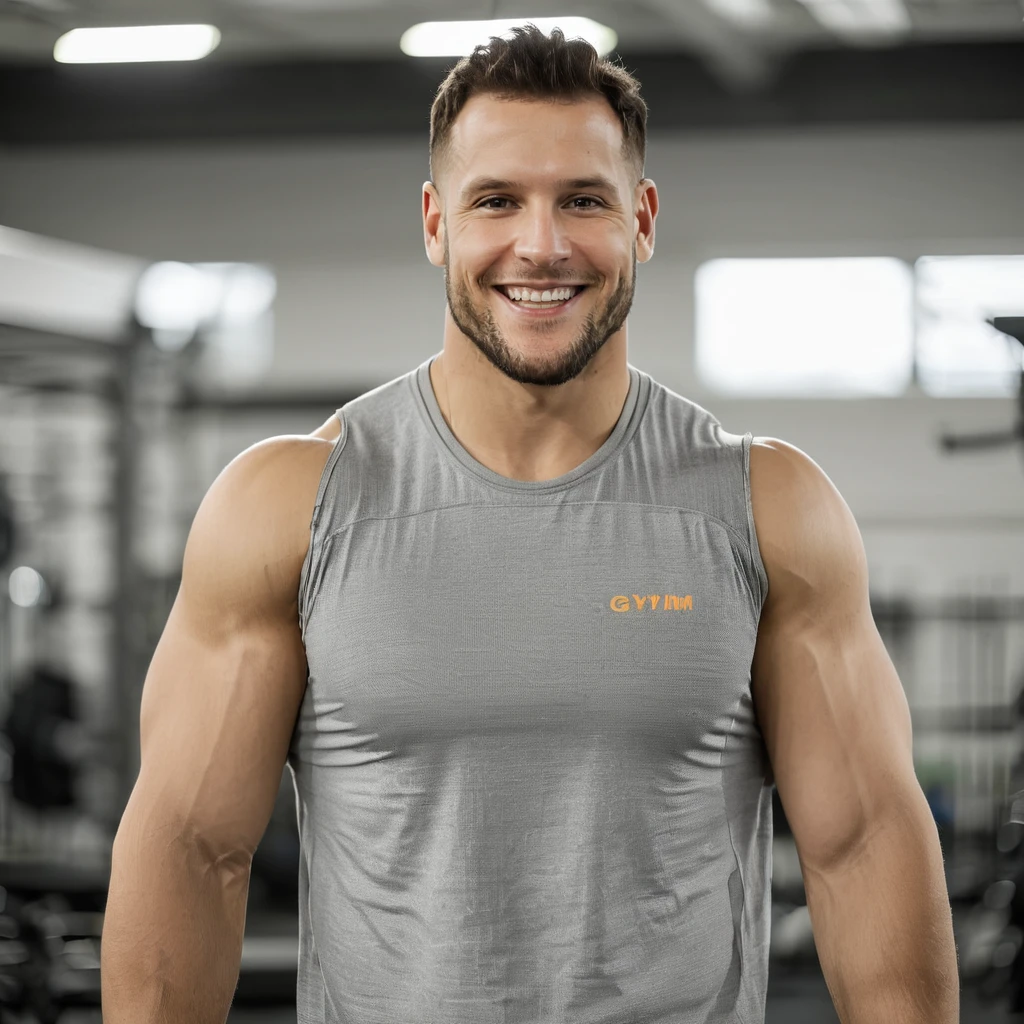 photo of a man, smiling, high-resolution, wearing a gray tank top, at a gym, solo, looking at viewer,  <lora:Nick_Bosa_SDXL_Amalga_r2:.9>