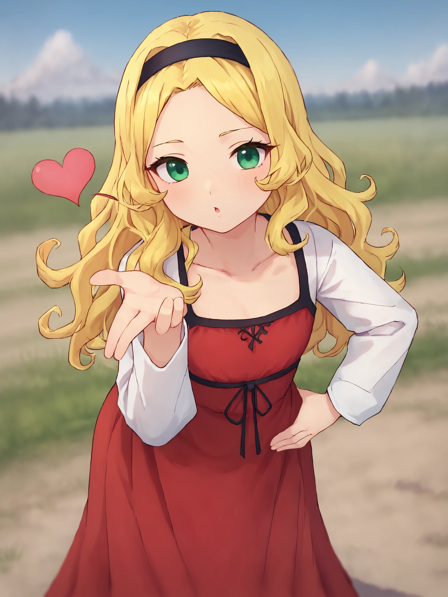 score_9, score_8_up,sharp focus,,  absurdres, highres, illustration, depth of field, outdoors, , field, , muffyxl, 1girl, solo, long hair, blonde hair, red dress,  white sleeves, long sleeves, curly hair, collarbone, green eyes ,black hairband, leaning forward, hand on hip, blowing kiss, heart,   <lora:muffyxl:0.75>   <lora:frieren_blowing_a_kiss_pony:1>