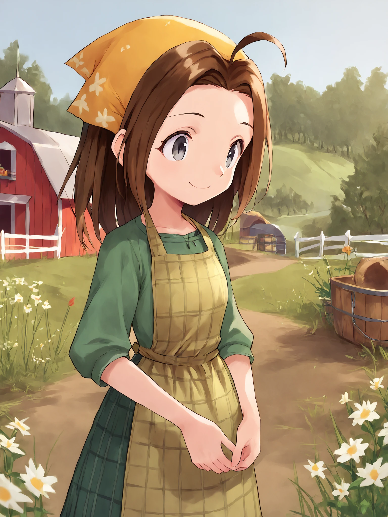 score_9, score_8_up,sharp focus,,  absurdres, highres, illustration, depth of field, outdoors, farm, field, grass, plants, celiaxl, 1girl, , brown hair, grey eyes, plaid apron, green dress, yellow bandana, smile,  <lora:celiaxl:0.75>    <lora:tatata_xl4:1>