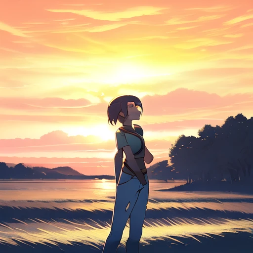 solo, 1 girl, majestic, looking at the horizon, afternoon, yellow or orange sky, picknic, masterpiece, score9, beautifull lighting