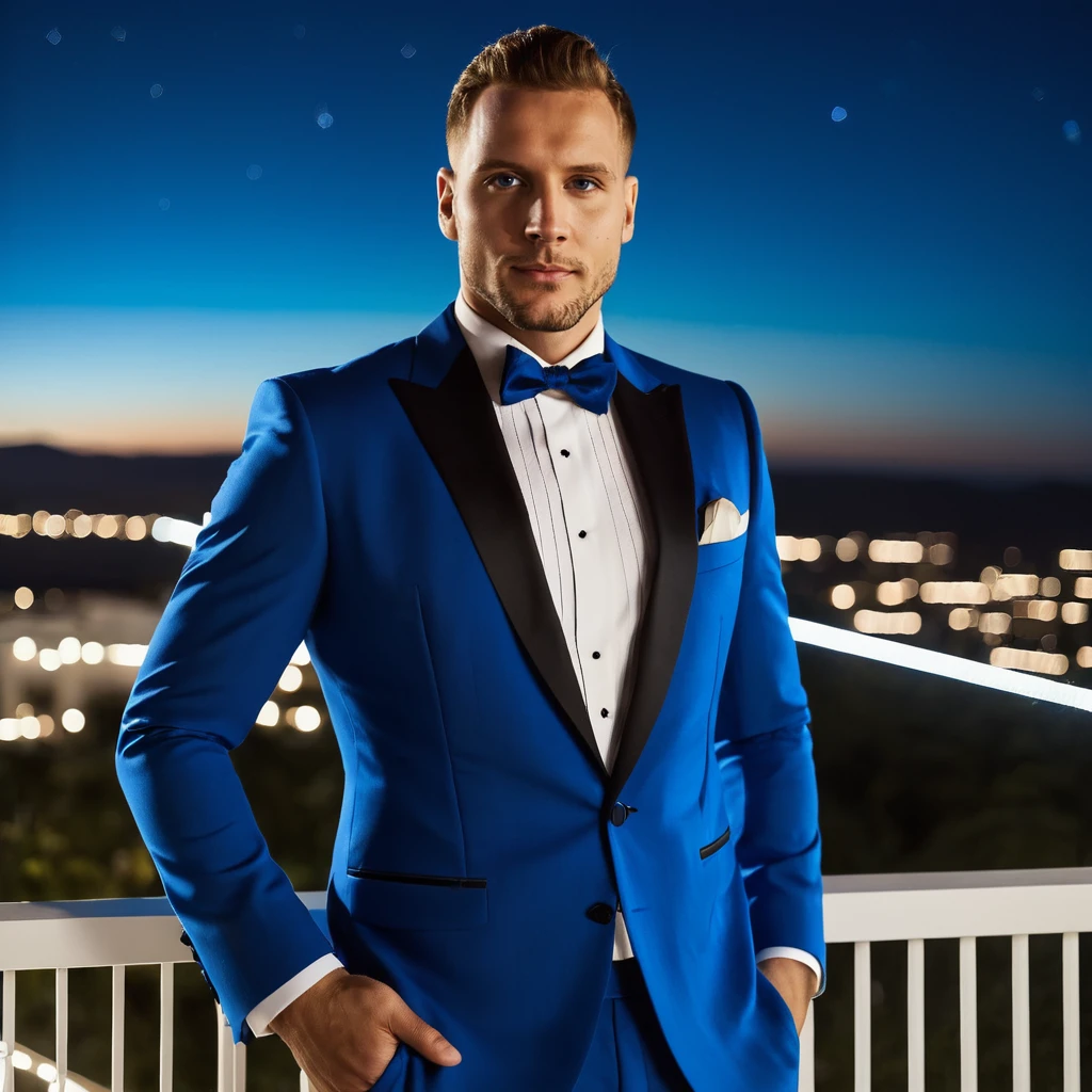 photo of a man, n1ck, high-resolution, wearing a blue tuxedo, on a balcony, nighttime, lights, looking at viewer,  <lora:Nick_Bosa_SDXL_Amalga_r2:.9>