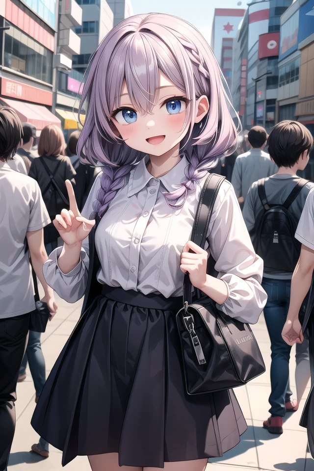 insanely detailed, absurdres, ultra-highres, ultra-detailed, best quality,
1girl, solo, nice hands, perfect hands
BREAK
(grab shoppinng bag, wearing plain clothes)
BREAK
(nsfw:-1.5)
BREAK
happy smile, laugh, open mouth
BREAK
45 angle,
standing, cowboy shot, looking at viewer
BREAK
slender, kawaii, perfect symmetrical face, ultra cute girl, ultra cute face, ultra detailed eyes, ultra detailed hair, ultra cute, ultra beautiful
BREAK
shibuya, akihabara, tokyo, street, crowd, cityscape, depth of field, ultra detailed background
BREAK
medium breasts
BREAK
purple hair, blue eyes, dutch braids, hair between eyes