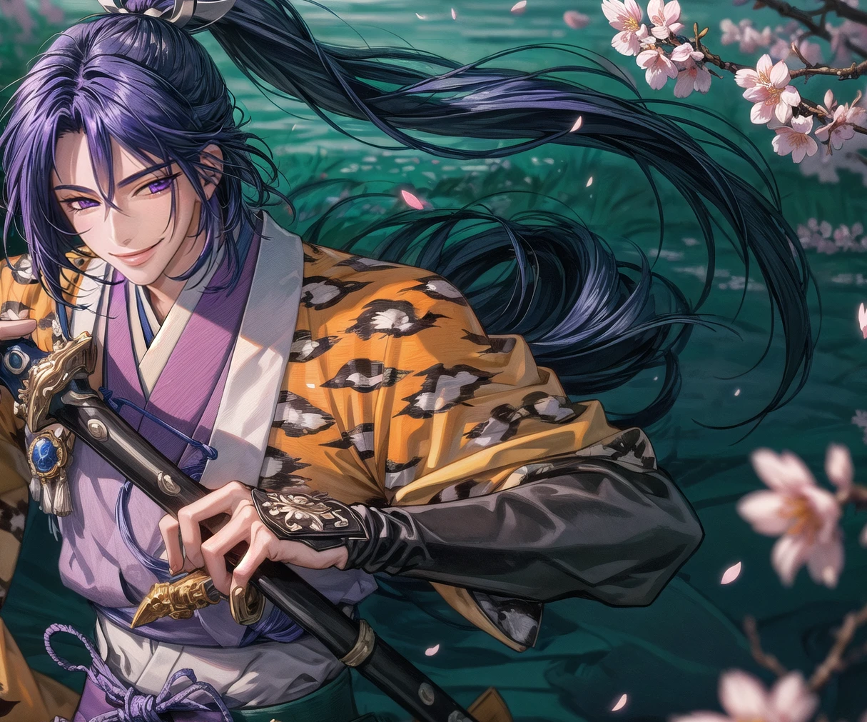 (masterpiece, best quality:1.3), 8k resolution, digital illustration, 3d, original, 2d, traditional media, cinematic, ultra-detailed portrait, hyperdetailed, (deep depth of field:1.3), y0rihisa, 1boy, bishounen, samurai, manly, male focus, (leopard print), Japanese clothes, belt, fingerless gloves, cowboy shot, fighting stance, (holding sword:1.3), planted sword, erious, japanese architecture, warrmth, detailed face, focus, glaring, facing viewer, purple hair, purple eyes, hair intakes, high ponytail, looking at viewer, floating hair, fingerless gloves, dynamic posture, volumetric lighting, bloom, petals, cherry_blossoms, (extremely detailed), intricate details<lora:EMS-91280-EMS:0.300000>, <lora:EMS-365546-EMS:0.900000>, <lora:EMS-179-EMS:0.200000>