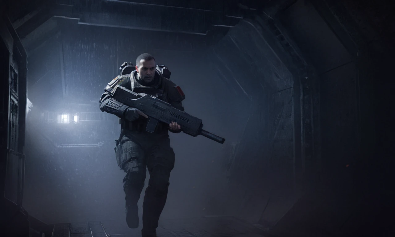 a colonial marine wearing combat armor holding a rifle running through a dark corridor inside a large spacecraft, gritty, atmospheric, cinematic concept art, futuristic science fiction, horror movie, alienrpg  <lora:alienrpg:1> <lora:!action-sdxl-V0.5:1> <lora:- SDXL - vanta-black_contrast_V3.0:1> <lora:CinematicStyle_v1:0.5>