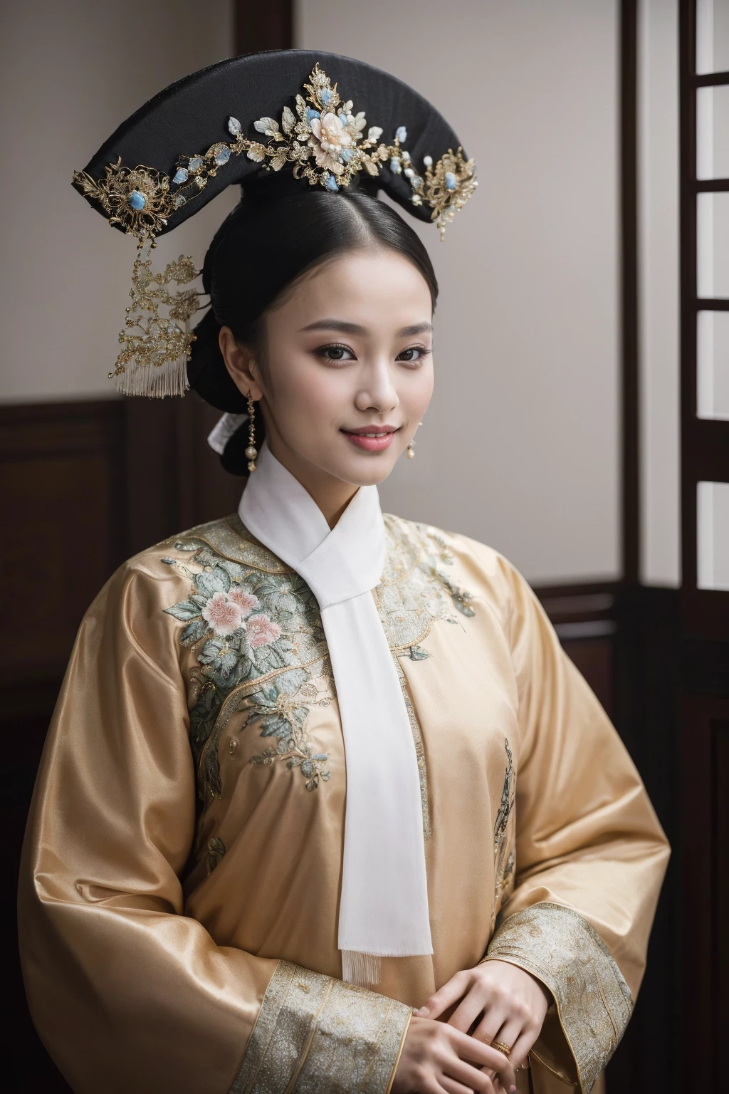 ((Masterpiece, best quality, edgQuality)),smile,
qingchao, a woman in a traditional chinese dress poses for a picture , woman wearing a qingchao_dress, qingchao_haircut, qingchao_scarf
<lora:edgQingChaoRediscovery:1>