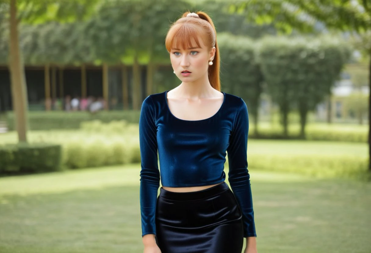 Ellie, alone, 25-year-old woman, centre-parting straight long ponytail with bangs haircut, tanned-skinned, ginger hair, green eyes, wearing navy-blue velvet scoopneck top, black satin miniskirt, pearl stud earrings, small breasts, slim body, neutral facial expression, standing very-side-on, both hands touching hair, leaning backward, facing sideways from camera, in rural park, torso photo, hyperdetailed photography
