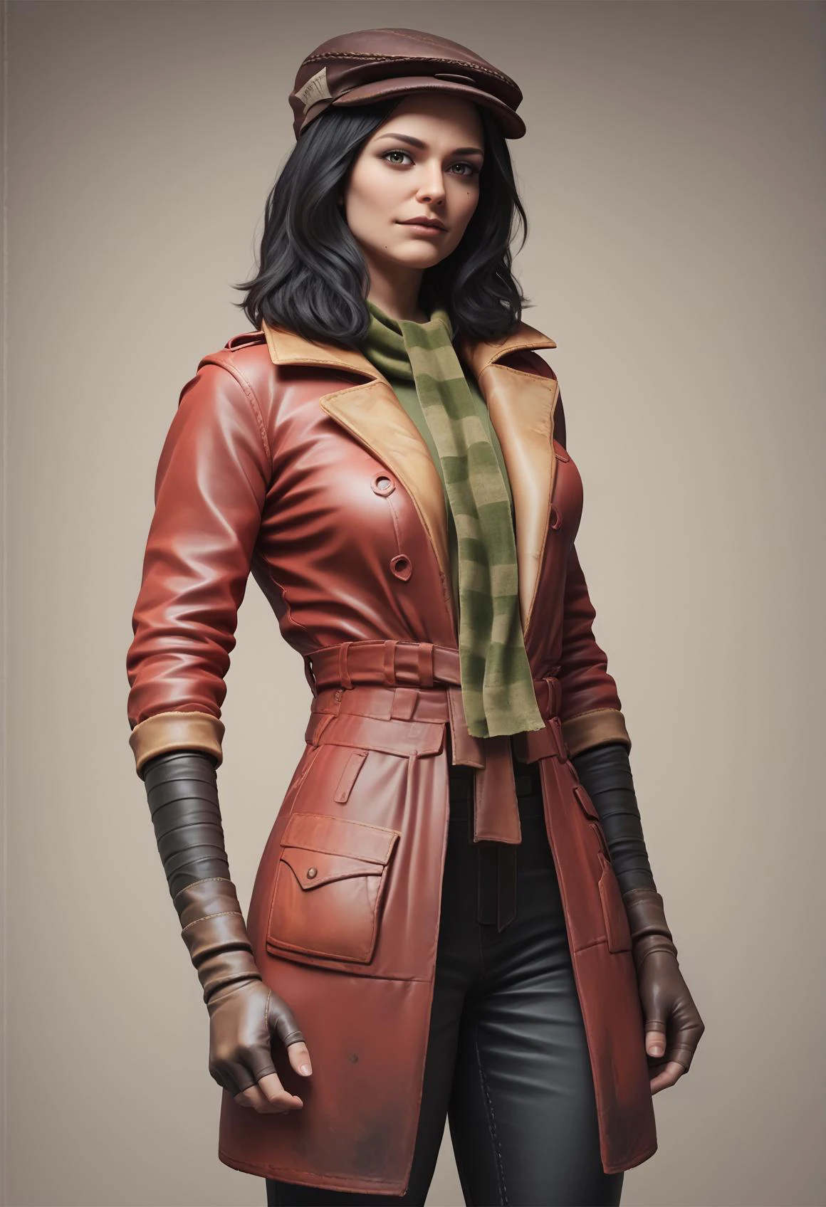 1girl, medium hair, black hair, cabbie hat, green scarf, striped scarf, red coat, fingerless gloves, black pants, boots, cowboy shot, looking at viewer <lora:Piper_Wright:1>score_9, score_8_up, score_7_up, score_6_up, score_5_up, score_4_up, BREAK source_cartoon, realistic,