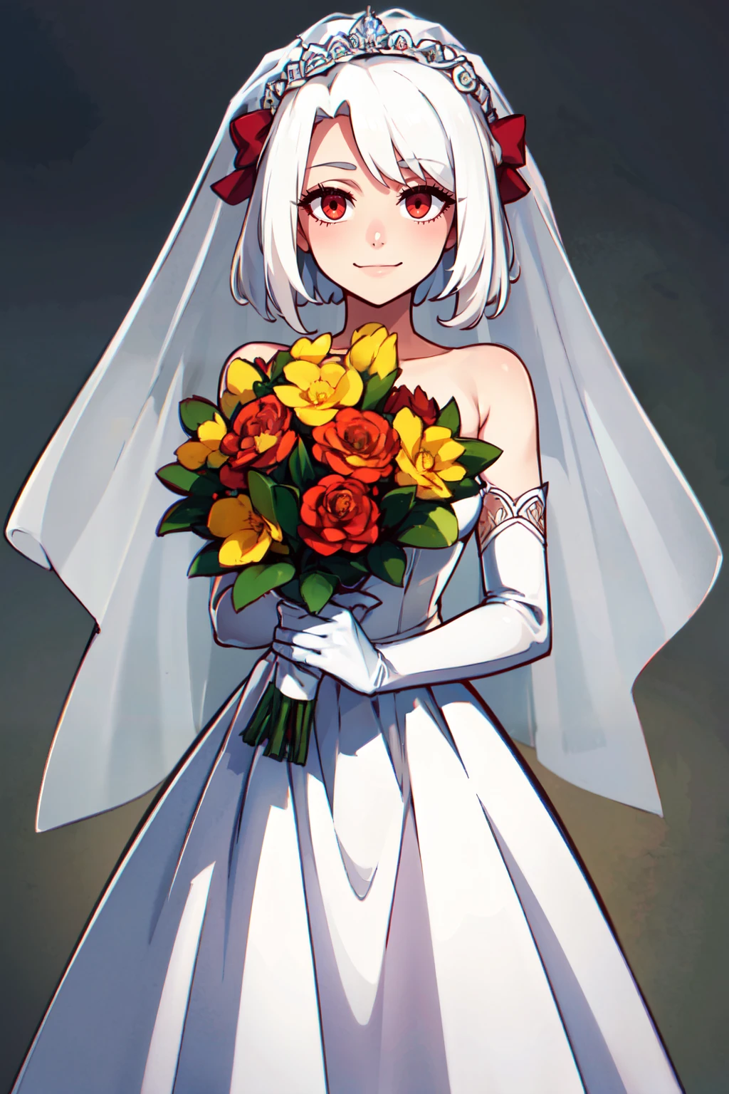 ((masterpiece,best quality)), absurdres, <lora:IllyasvielVonEinzbern_v1:0.8>, zzIllya, white hair, red eyes, bride, wedding dress, bridal veil, strapless dress, elbow gloves, holding bouquet, ,solo, smiling, looking at viewer, cowboy shot,