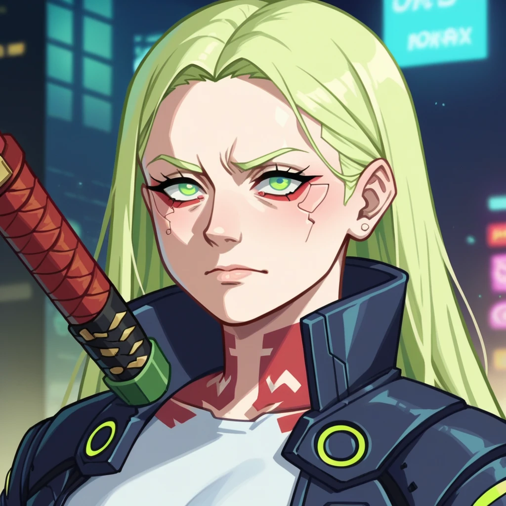 score_9, score_8_up, score_7_up,source_anime, anime 2d, anime screencap, a cyberpunk edgerunners woman with a futuristic katana, with blonde hair and green eyes, ,closeup, jenxcoleman,   <lora:jencoleman_ponyxl_aut_xl_1_st_merger_prev-merge_37_07_03-jenxcoleman:1>