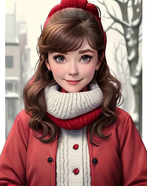 1girl, red scarf, eyelashes, red sweater, winter jacket with light brown fur collar, <lora:audery2:0.75>