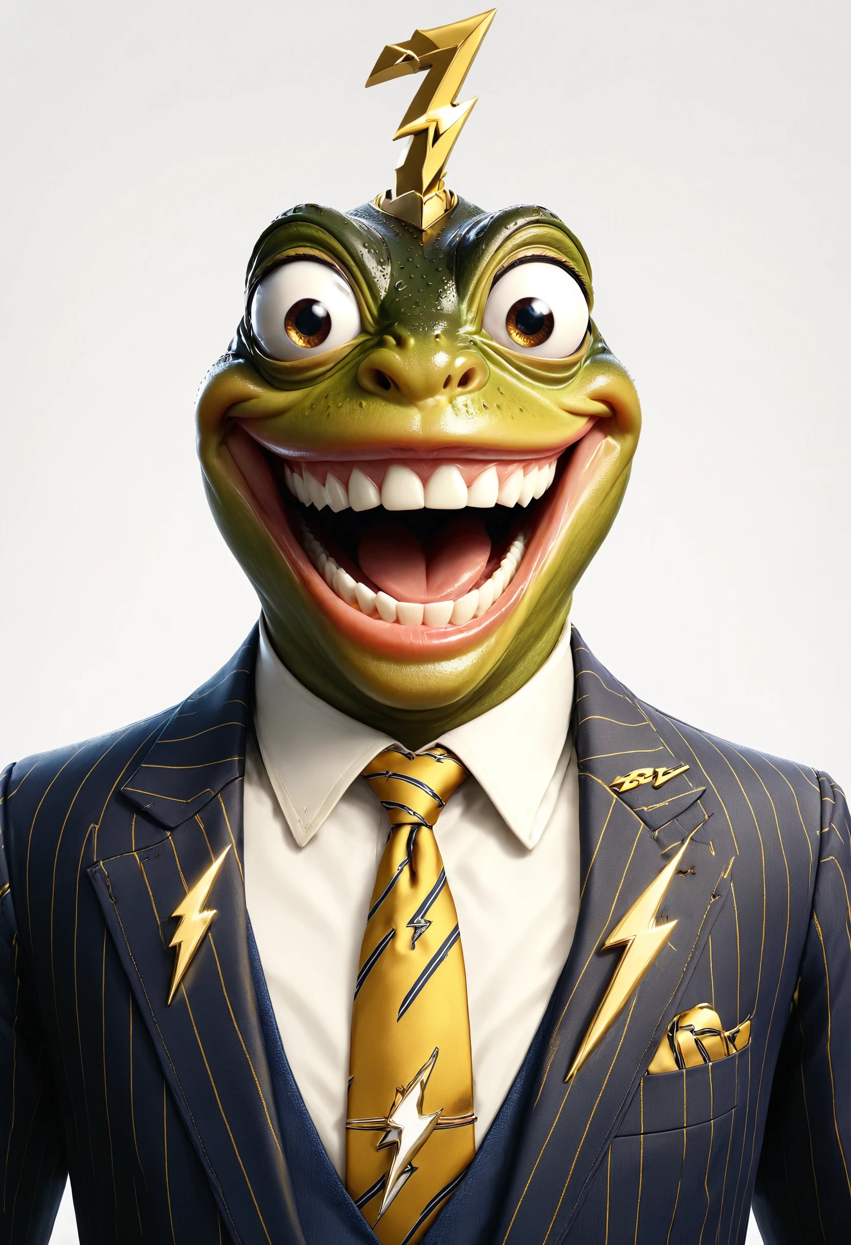 pepe the frog, manly, large grin, open mouth, golden tie, pinstripe pattern, laptop, stack of golden bolt pins
<lora:dvr-bzz:1> dvr-bzz