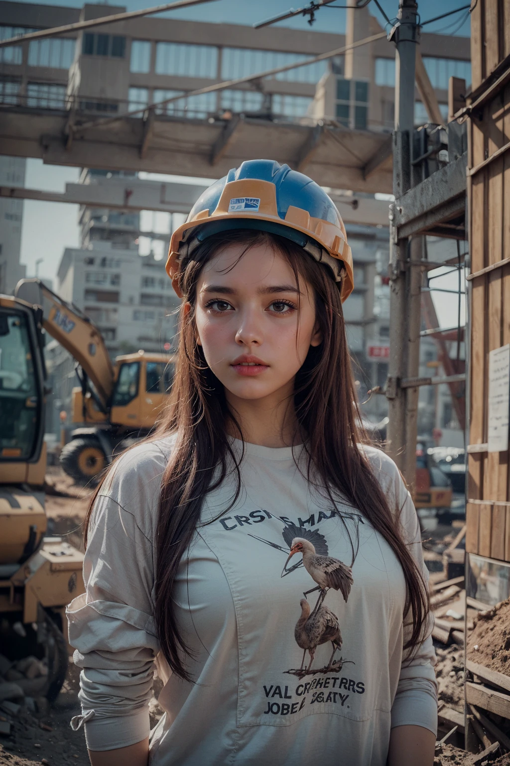 (realistic:1.3) , finely detailed, quality, (masterpiece:1.2) , (photorealistic:1.2) , (best quality) , (detailed skin:1.3) , (intricate details) , ray tracing, dramatic, 1 girl, (cute Ethereal Female), (film grain:1.2), Construction site, Bulldozer, Hard hat, Crane, Cement mixer, Steel beams, Workers