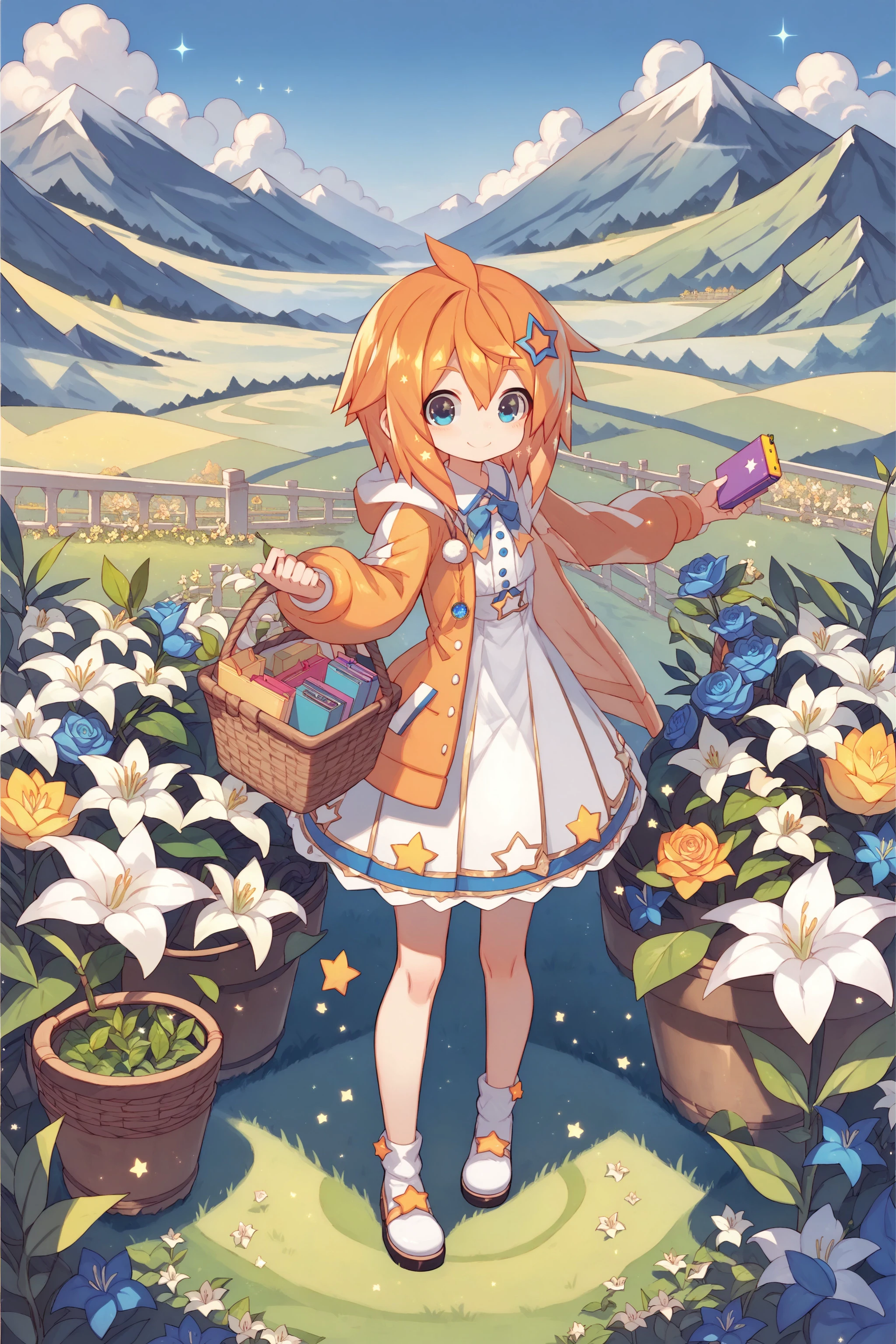 score_max, (score_9, score_8_up, score_7_up:1.2), score_6_up, official_art,
, masterpiece, absurdres, high detail, official art, 8k,
highland, mountain, sky, flower garden, lily \(flower\), wind, full body,
standing, holding lunchbox, basket, smile,
xxxx, tkle, orange hair, medium hair, star hair ornament, hooded jacket, white dress shirt,
<lora:XL_Pony_uchihime-twinkle-t1:1>