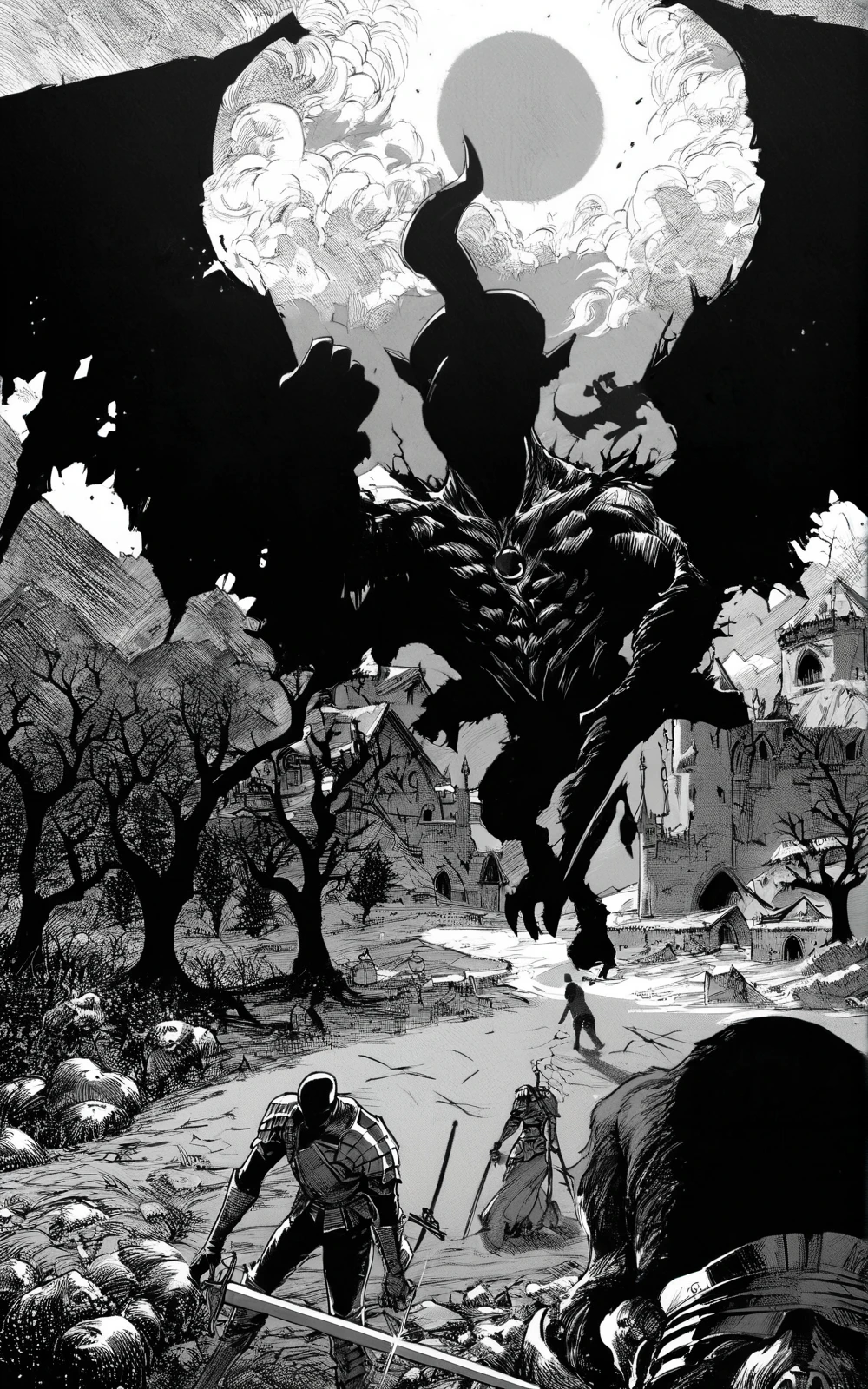 score_9, score_8_up, score_7_up,((best quality)), absurdres, <lora:BerserkStyle:0.8>,greyscale, monochrome,monsters, moon, eldritch abomination,silhouette, armor, sword, man with armor and sword fighting monsters,scars, wounds,castle in a hill,eclipse