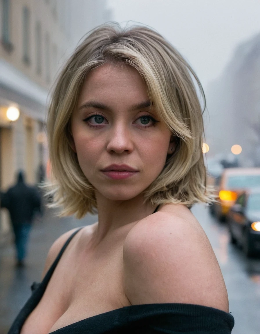 sydsw woman,professional photo portrait,blonde and shoulder length hair ,upper body shot,looking at camera,depth of field,bokeh,fog,dimly lit,gloomy,street background