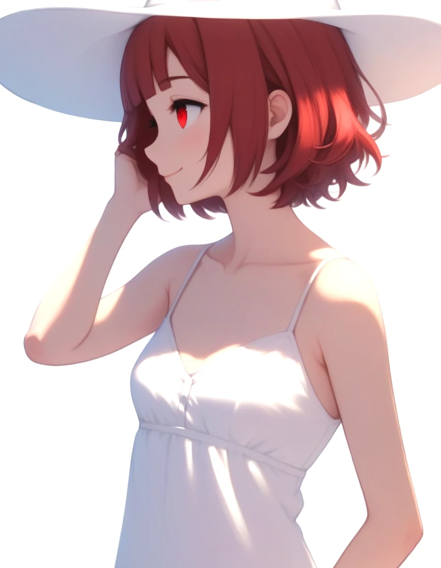 (score_8_up,score_7_up,score_6_up,score_5_up,score_4_up,perfect eyes),1girl,arima_kana,adjusting hair,bare arms,bare shoulders,blunt bangs,bob cut,breasts,closed mouth,collarbone,dress,hat,inverted bob,light blush,looking afar,looking ahead,looking down,loose hair strand,red eyes,red hair,short hair,simple background,sleeveless,sleeveless dress,small breasts,smile,solo,spaghetti strap,standing,sun hat,sundress,upper body,white background,white dress,white hat,<lora:arima_kana_pony:1>,