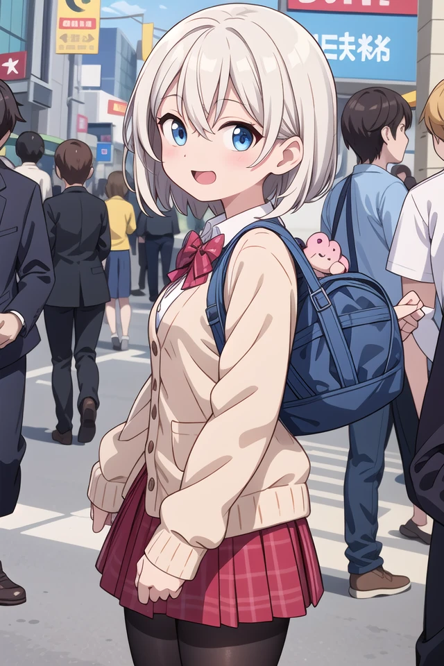 insanely detailed, absurdres, ultra-highres, ultra-detailed, best quality,
1girl, solo, nice hands, perfect hands
BREAK
(School Uniforms:1.2), (pink cardigan is fit body:1.4), ((do up a buttons, not loose):1.5), ((long sleeve, sleeves past wrists):1.2), (inner wear is white collared-shirt:1.3), (red plaid-pattern bow:1.3), (red plaid-pattern pleated skirt:1.3), ((dark-brown pantyhose, loafers):1.2)
, BREAK (nsfw:-1.5)
BREAK
happy smile, laugh, open mouth
BREAK
from side,
standing, cowboy shot, looking at viewer
BREAK
slender, kawaii, perfect symmetrical face, ultra cute girl, ultra cute face, ultra detailed eyes, ultra detailed hair, ultra cute, ultra beautiful
BREAK
shibuya, akihabara, tokyo, street, crowd, cityscape, depth of field, ultra detailed background
BREAK
medium breasts
BREAK
grey hair, blue eyes, bob with bangs, hair between eyes
