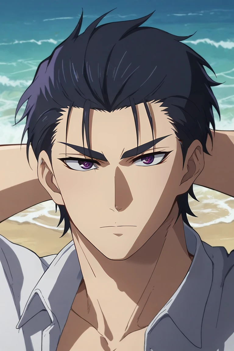 score_9, score_8_up, score_7_up, source_anime, rating_safe, intricate details, , looking at viewer, , 1boy, solo, male focus, <lora:guren_ichinose_pony:0.9>, guren_ichinose, black hair, purple eyes, short hair, hair slicked back, bangs, close-up, beach, ocean, waves, island, light, arms behind head, sparkling eyes, , <lora:sdxl_lightning_8step_lora:1>