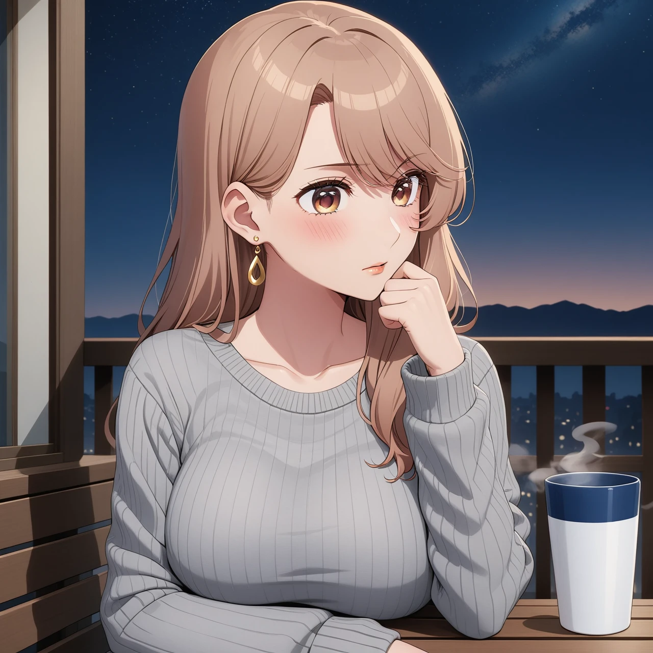 (very aesthetic, best quality, ultra detailed), upper body, looking to the side, solo, 1girl, miyako saitou, earrings, (breasts), blush, thinking, (grey sweater), outdoors, balcony, night sky, starry sky, sitting, holding cup, steam <lora:Miyako_Saitou:0.75>