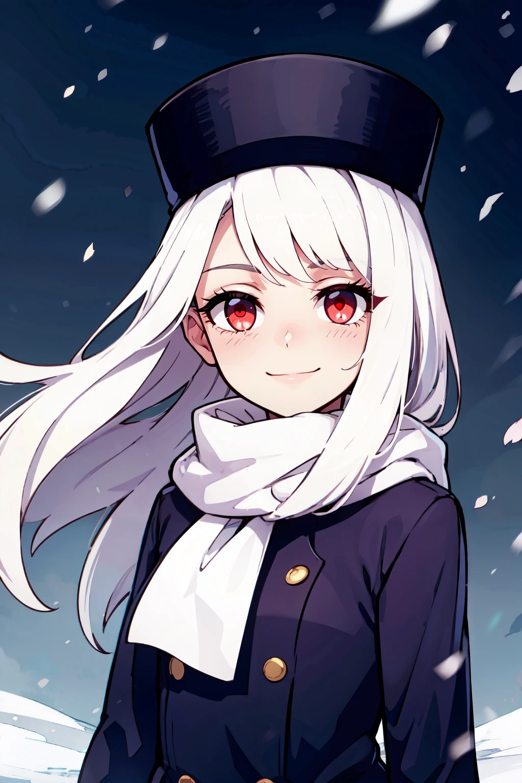 ((masterpiece,best quality)), absurdres, <lora:IllyasvielVonEinzbern_v1:0.8>, zzIllya, red eyes, papakha, purple headwear, looking at viewer, white scarf, floating hair, upper body, closed mouth, night, outdoors, snowing, sky ,solo, smiling, looking at viewer, cowboy shot,