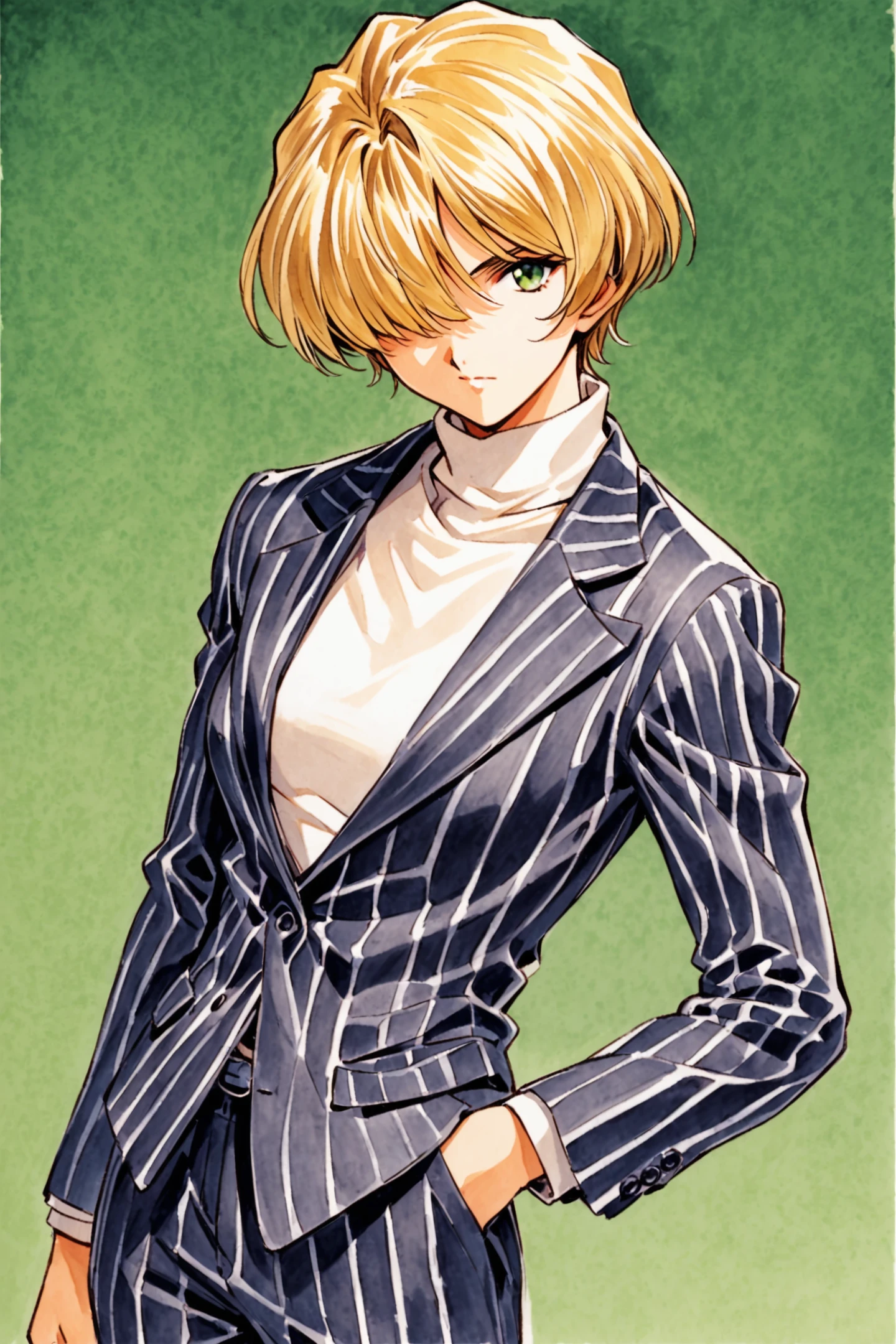 MariaTachibana,1girl,solo,blonde hair,hair over one eye,short hair,green eyes,business_suit,pinstripe suit,white turtleneck,pants,traditional media,hand in pocket,formal,suit,striped,pinstripe pattern,looking at viewer,turtleneck,green background,<lora:Sakura Wars_XL:0.8>,