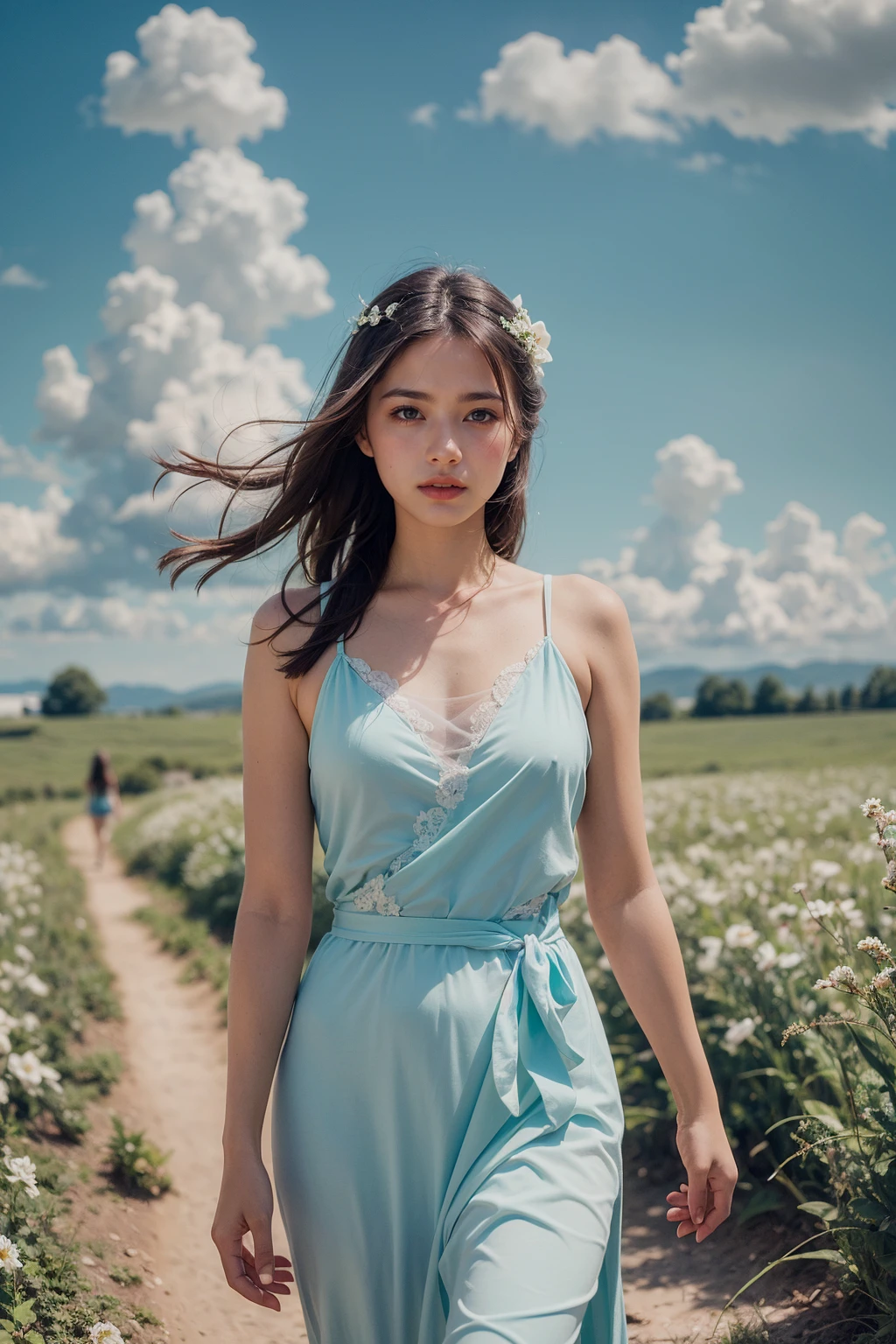 (realistic:1.3) , finely detailed, quality, (masterpiece:1.2) , (photorealistic:1.2) , (best quality) , (detailed skin:1.3) , (intricate details) , ray tracing, dramatic, (1 girl:1.2), (cute Ethereal Female), (film grain:1.2), Meadow, Sun, Clouds, Field, Farming, Starlight, Walking trail