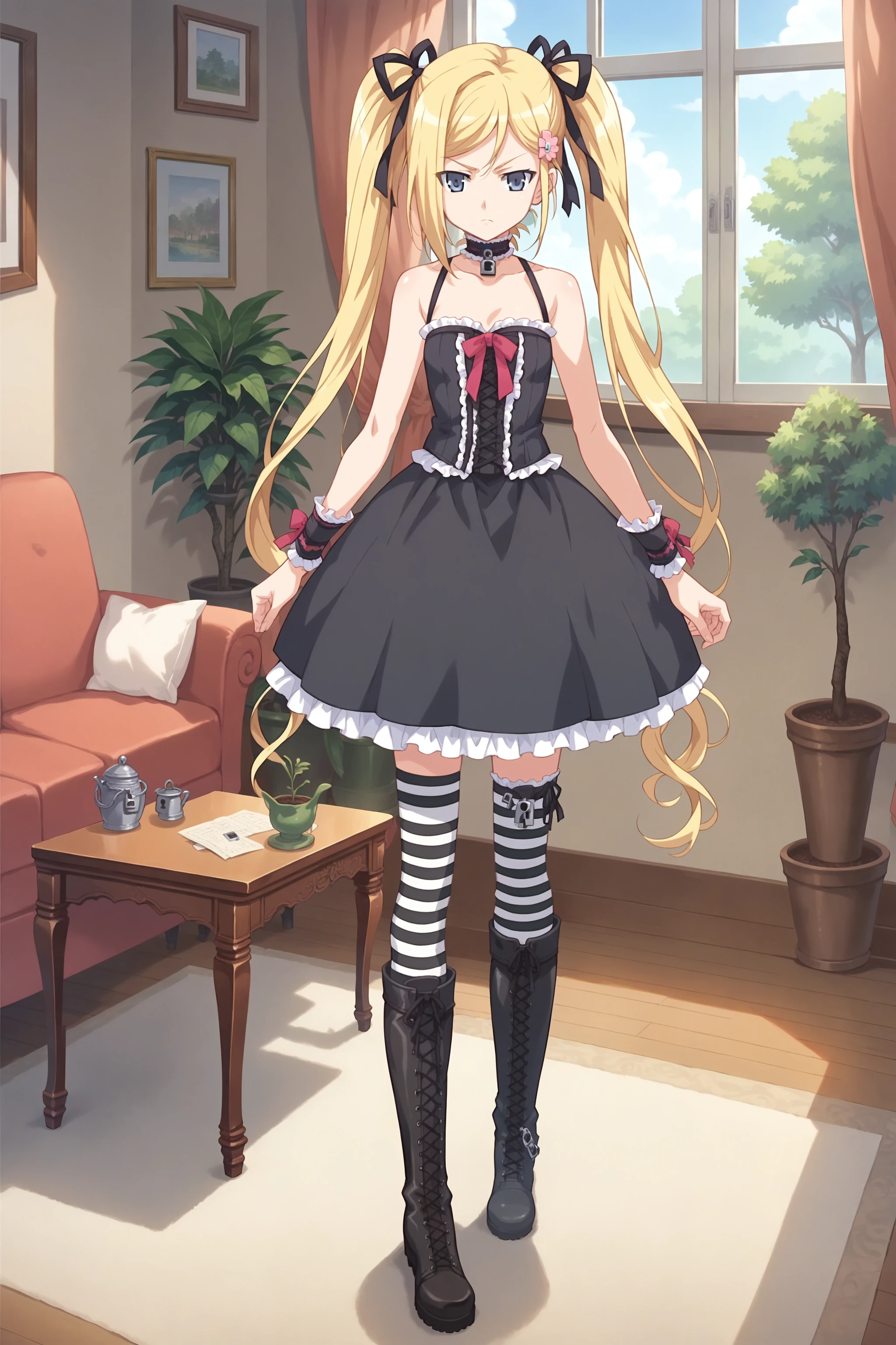 anime screencap, masterpiece, absurdres, high detail, official art, 8k,
living room, table, couch, tree pot,
standing, frown,
mafuyu, twintails, long hair, lolita_fashion, bare shoulders, boots, choker, dress, miniskirt, wrist cuffs, ribbon, stlapless, striped thighhighs, cross-laced footwear, lock
<lora:XL_Animagine_hentai-mafuyu-t2:0.9>