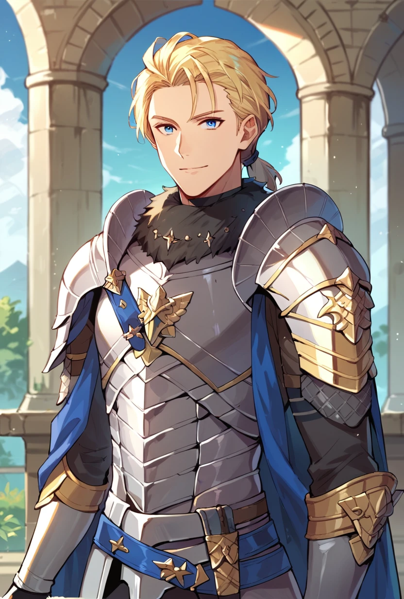 score_9, score_8_up, score_9, score_8_up, dimitrife, dimitrihopes, 1boy, blonde hair, blue eyes, solo, swept back hair, short ponytail, fur trim, silver armor, shoulder plates, smile, looking at viewer, castle, outdoors, ruins