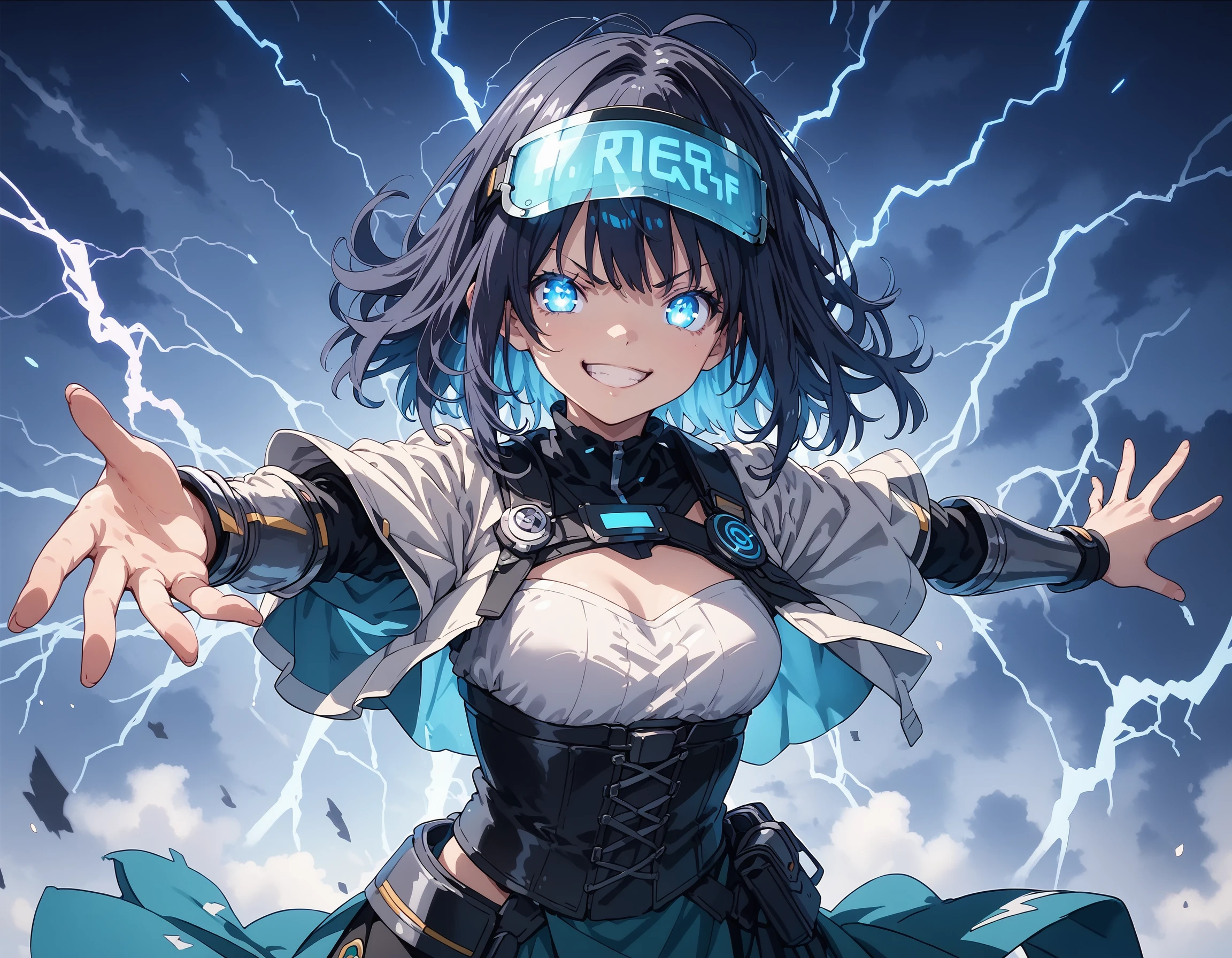 score_9,score_8_up,score_7_up,
BREAK
1girl,
black_hair,
floating_hair,
glowing_eyes,
angry_smile,
corset,
chest_protector,
visor_on_head,
lightning_bolt,
buzz,
outstretched_arms,