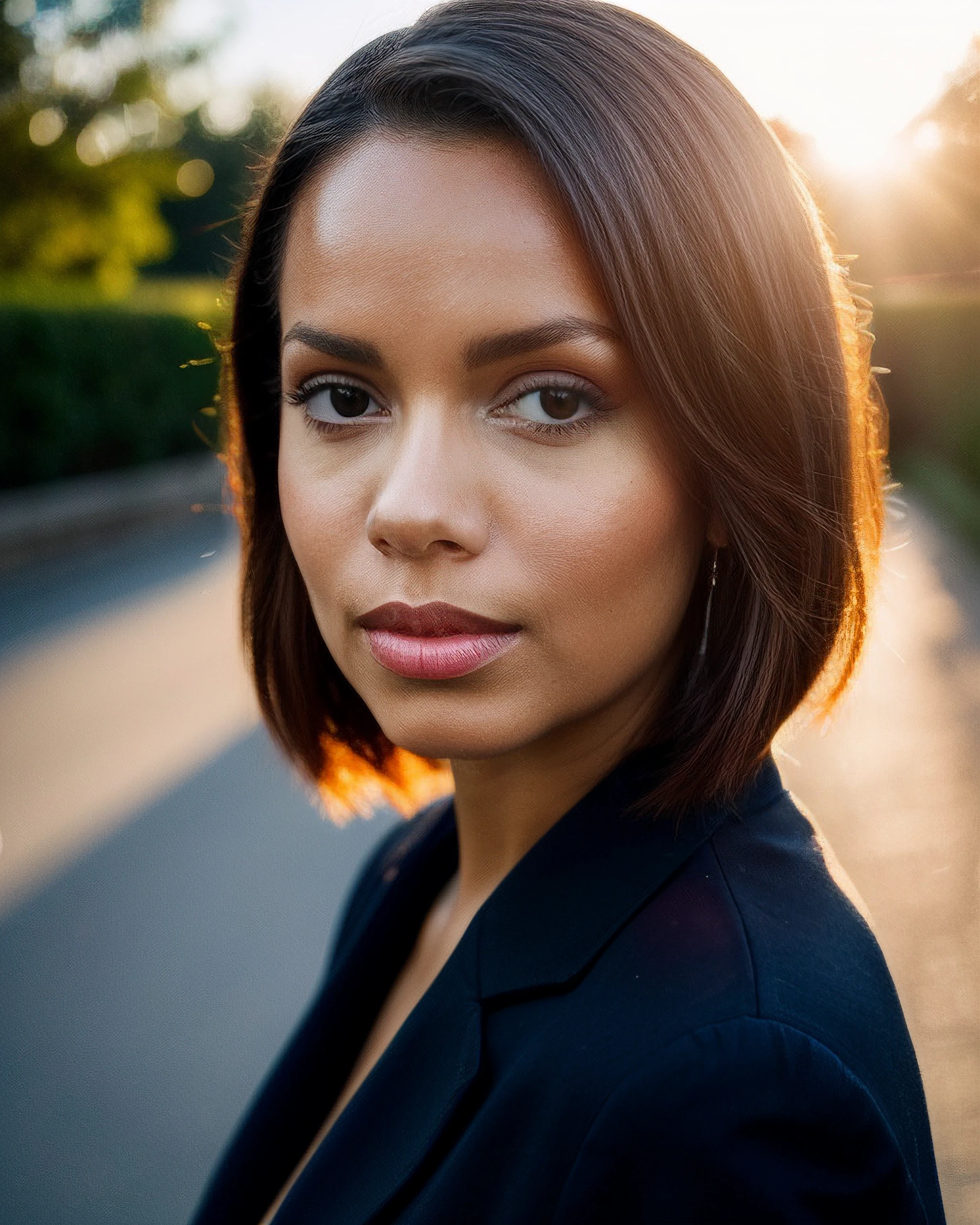 photo of galicecampbell, shiny hair, makeup, jewelry, elegant, portrait, antique, formal 16mm, color graded portra 400 film, remarkable color, remarkable detailed pupils, collared shirt, sunlight, depth of field, glare, backlighting, shadows