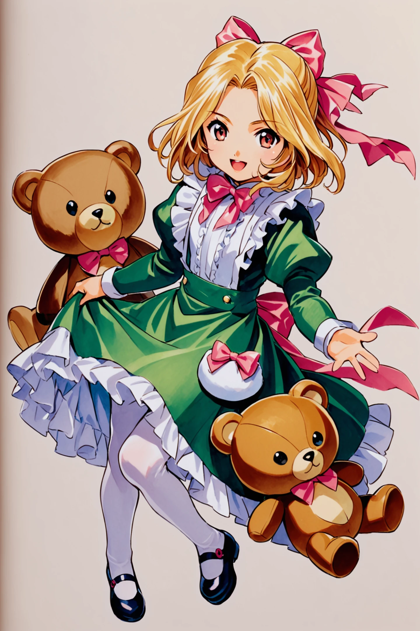 Iris Chateaubriand,1girl,female ,solo,blonde hair,bow,pantyhose,stuffed toy,stuffed animal,white background,white pantyhose,teddy bear,dress,hair bow,full body,mary janes,simple background,shoes,medium hair,pink bow,holding,apron,frills,open mouth,smile,long sleeves,looking at viewer,ribbon,juliet sleeves,green dress,wavy hair,mid cut,parted bangs,bangs,traditional media,<lora:Sakura Wars_XL:0.8>,