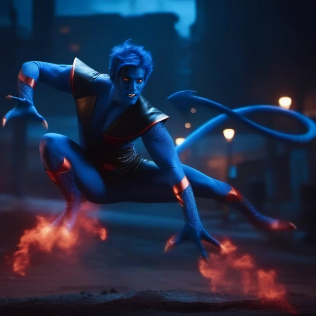 cinematic photo full body man with a blue skin, pointy ears, red and black bodysuit, yellow eyes, devil tail, blue and black smoke background, night city lights <lora:NightCrawler1024:0.8> . 35mm photograph, film, bokeh, professional, 4k, highly detailed