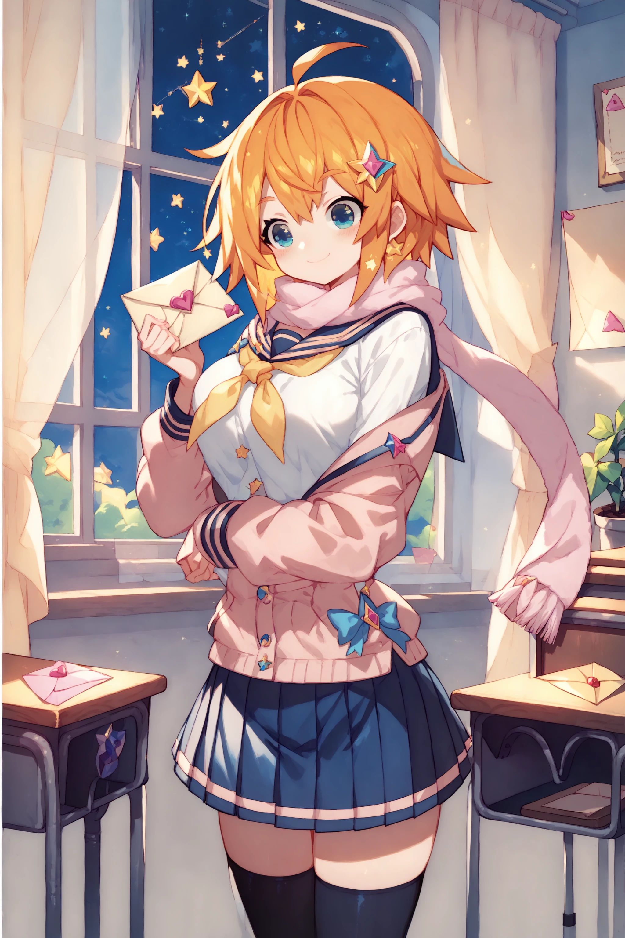 score_max, (score_9, score_8_up, score_7_up:1.2), score_6_up, official_art,
, masterpiece, absurdres, high detail, official art, 8k,
classroom, desk, curtains, window, ht, starry sky,
standing, holding letter, love letter, light smile, blush,
solo, tkle, orange hair, medium hair, star hair ornament, serafuku, sailor collar, long sleeves, pale pink jacket, pink scarf, yellow neckerchief, blue skirt, pleated skirt, black thighhighs,
<lora:XL_Pony_uchihime-twinkle-t1:0.9>